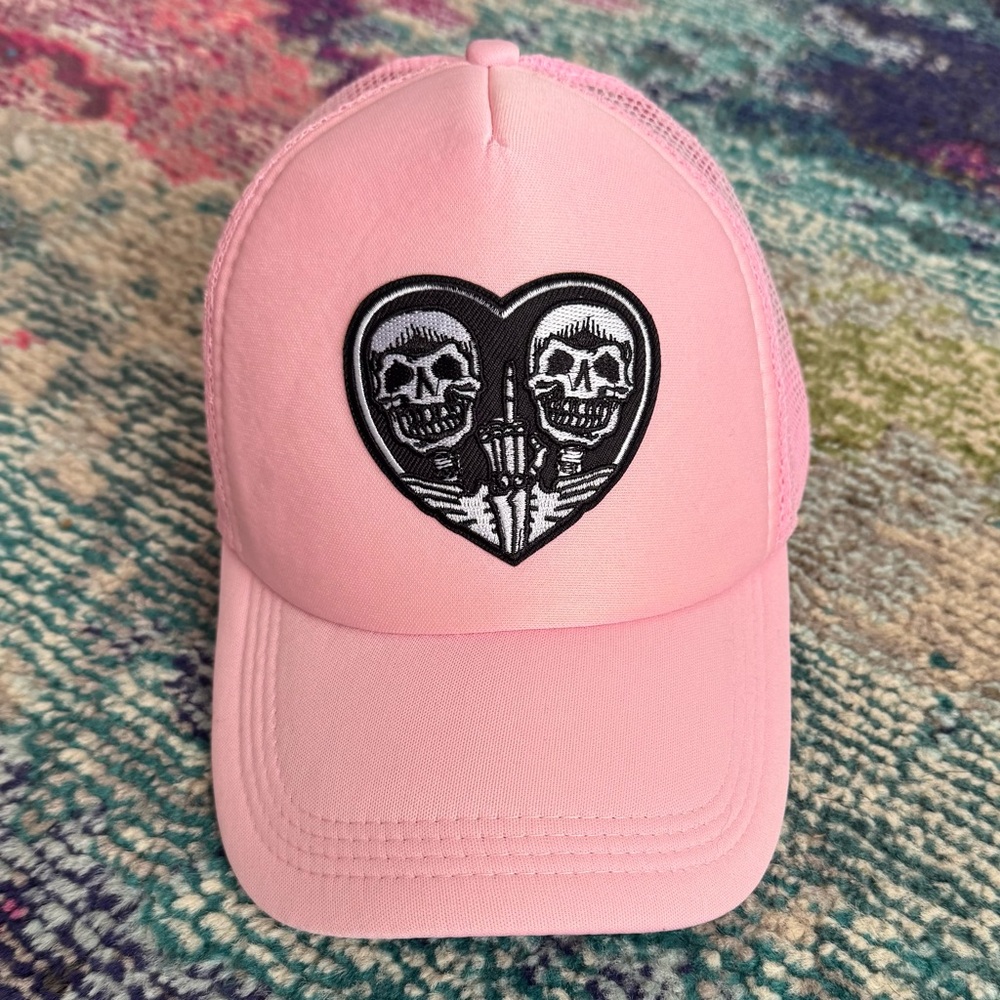 NWOT Pink Hat with Black Heart and Skeletons
